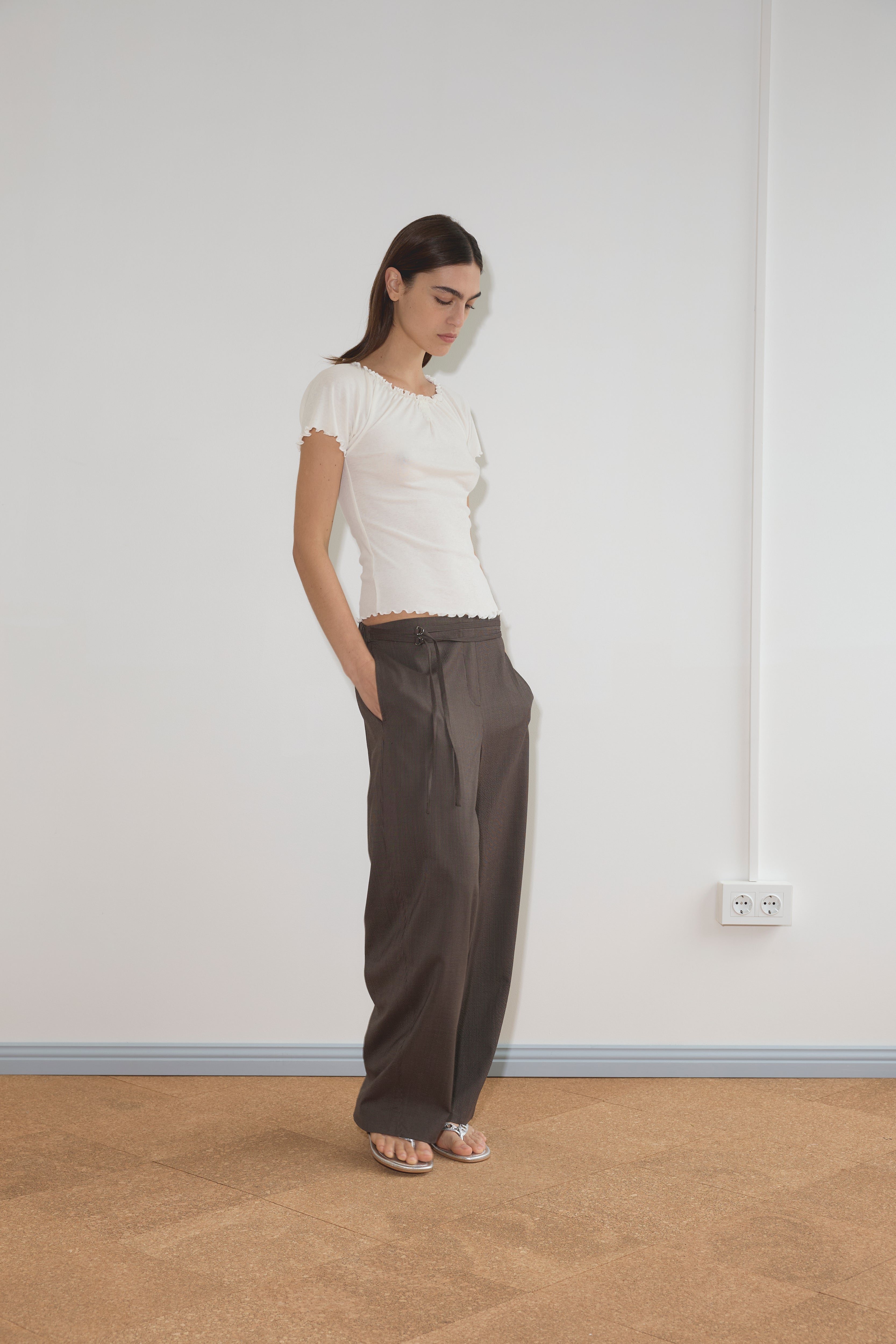 Double Belted Pant in Brown Stripe - Deiji Studios