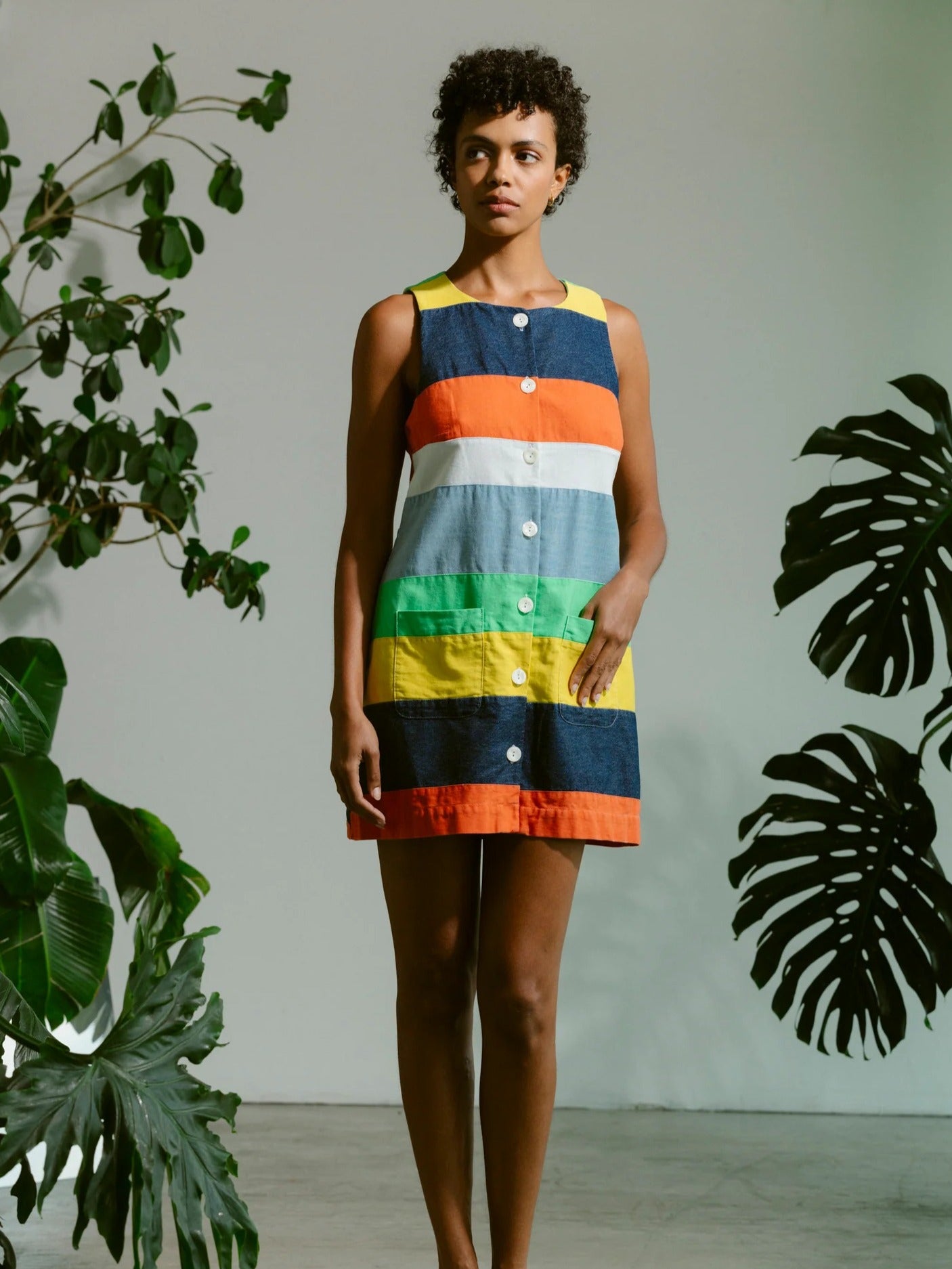 Button Front Mini Dress in Cabana Stripe - Carleen