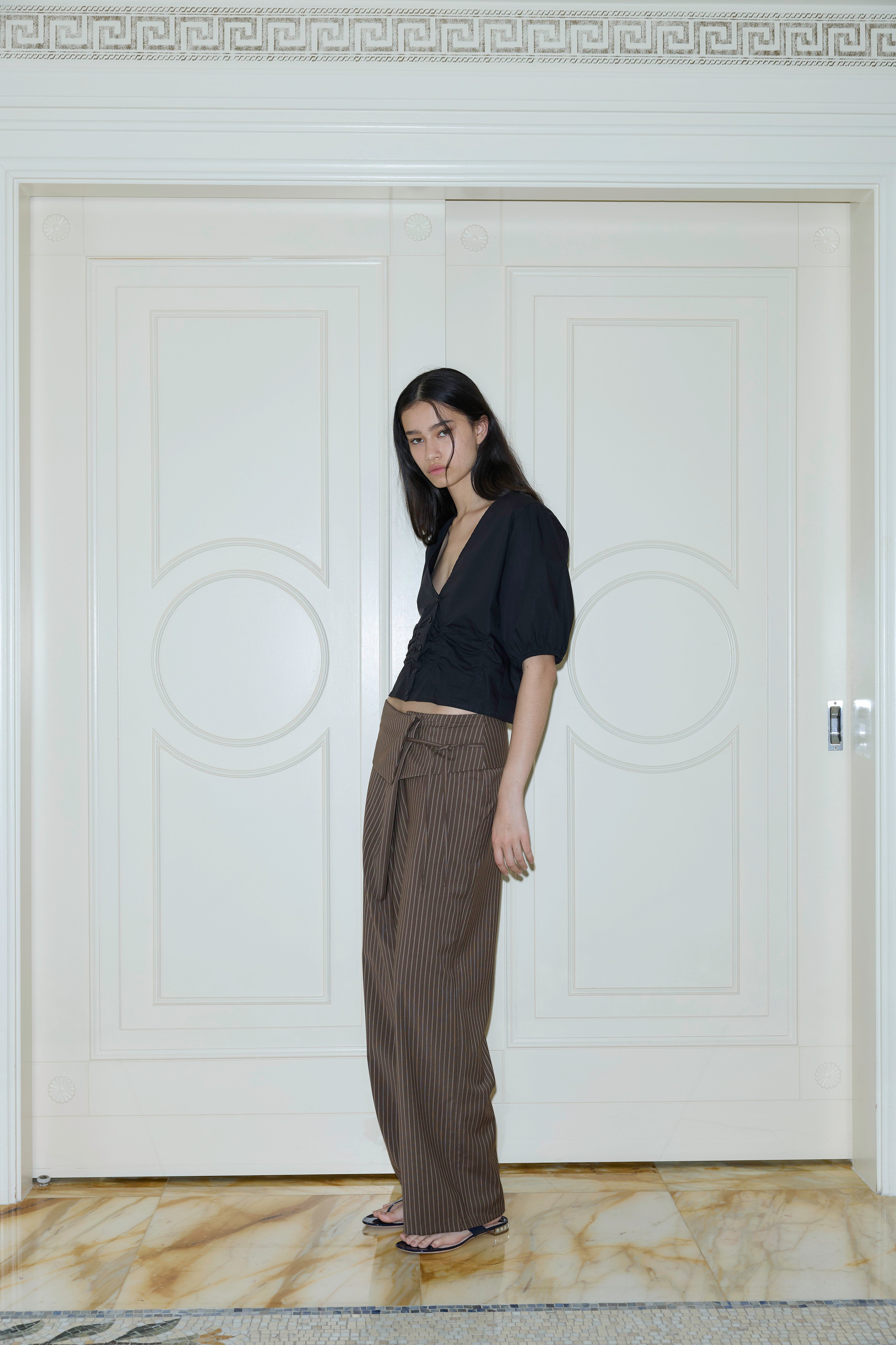 Folded Wool Pant in Sable Stripe - Deiji Studios