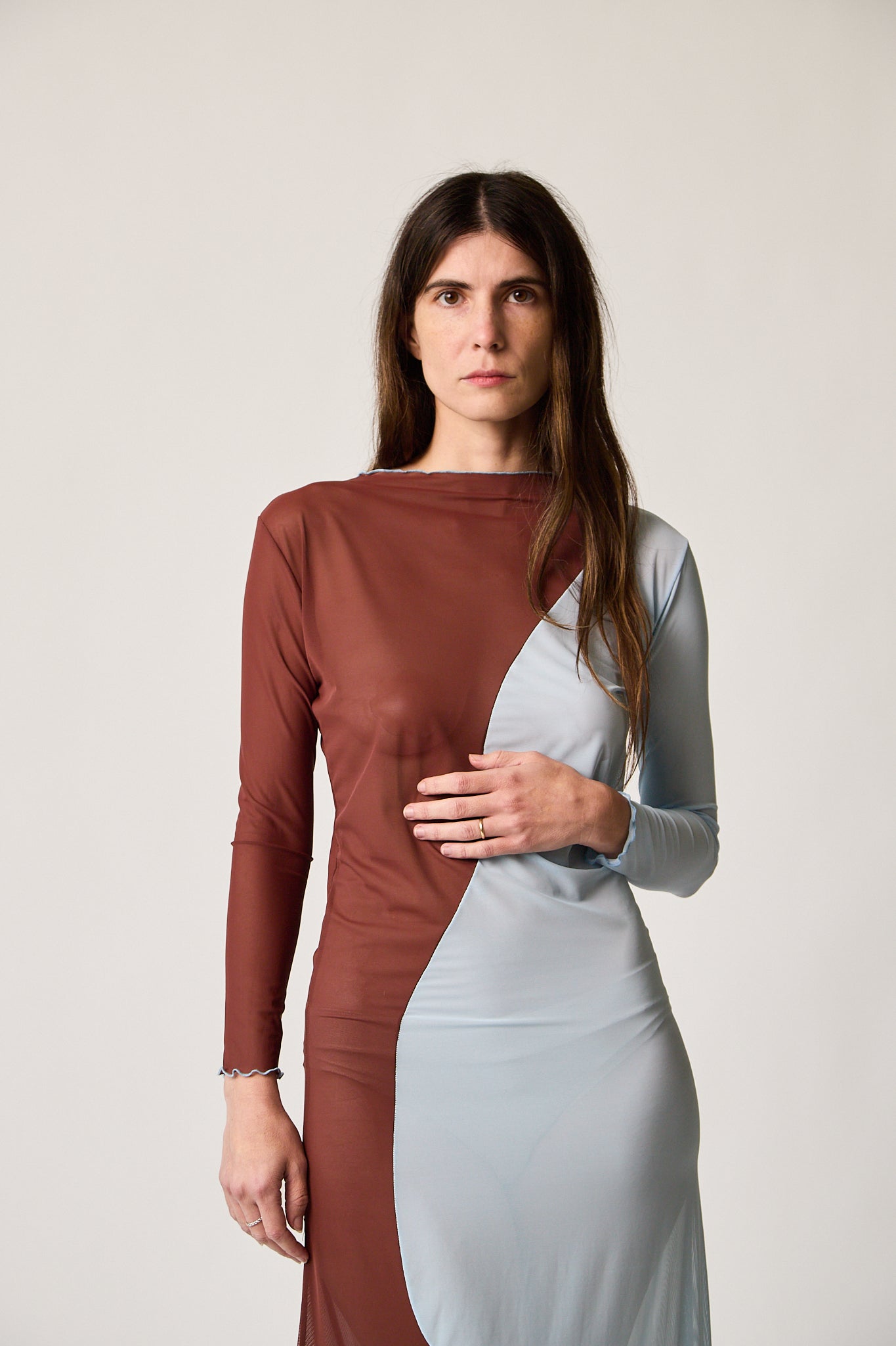 blue and brown long sleeve dress Don't Second Guess It Ivory Multi Print Satin Long Sleeve Mini Dress main image 0