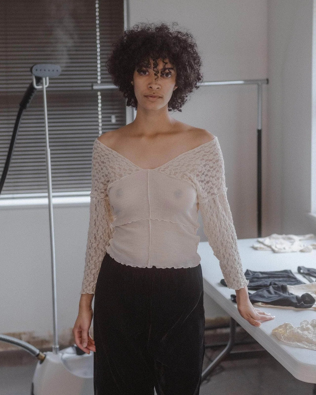 Nehru Long Sleeve Tee in Lace & Wool - Baserange