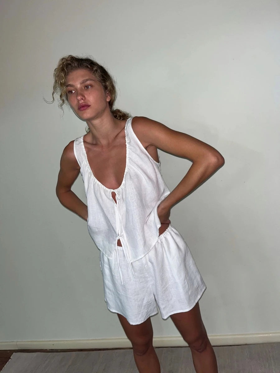 Open Linen Short Set - white - Deiji Studios